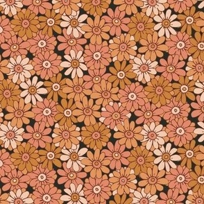 467 - Small scale  mustard and coral pink  on deep slate grey organic hand drawn tossed daisies in the meadow flower garden for children's clothing, dresses, nursery and baby bed linen and wallpaper.  Hand drawn florals pretty whimsical garden in springti