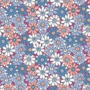 467 - Small scale   baby blue, teal, blush pink and off white organic hand drawn tossed daisies in the meadow flower garden for children's clothing, dresses, nursery and baby bed linen and wallpaper.  Hand drawn florals pretty whimsical garden in springti