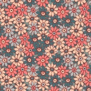 467 - Small scale pretty coral, teal, blue and off white  organic hand drawn tossed daisies in the meadow flower garden for children's clothing, dresses, nursery and baby bed linen and wallpaper.  Hand drawn florals pretty whimsical garden in springtime a