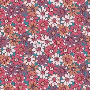 467 - Small scale organic  hot pink, lively teal, mustard and off white hand drawn tossed daisies in the meadow flower garden for children's clothing, dresses, nursery and baby bed linen and wallpaper.  Hand drawn florals pretty whimsical garden in spring