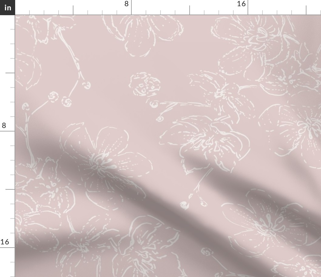 Delicate sketched blossoms - isabelline white on pale dogwood pink- large 
