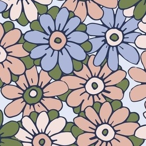 467 - Large scale leaf green, sky blue, blush pink and off white organic hand drawn tossed daisies in the meadow flower garden for children's clothing, dresses, nursery and baby bed linen and wallpaper.  Hand drawn florals pretty whimsical garden in sprin