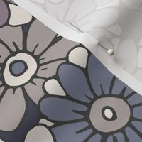 467 - Large scale monochromatic grey lavender and steel blue organic hand drawn tossed daisies in the meadow flower garden for children's clothing, dresses, nursery and baby bed linen and wallpaper.  Hand drawn florals pretty whimsical garden in springtim