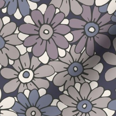 467 - Large scale monochromatic grey lavender and steel blue organic hand drawn tossed daisies in the meadow flower garden for children's clothing, dresses, nursery and baby bed linen and wallpaper.  Hand drawn florals pretty whimsical garden in springtim