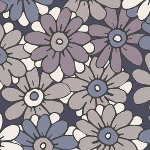 467 - Large scale monochromatic grey lavender and steel blue organic hand drawn tossed daisies in the meadow flower garden for children's clothing, dresses, nursery and baby bed linen and wallpaper.  Hand drawn florals pretty whimsical garden in springtim