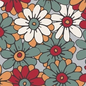 467 - Large scale organic chilli red, sage green and mellow mustard hand drawn tossed daisies in the meadow flower garden for children's clothing, dresses, nursery and baby bed linen and wallpaper.  Hand drawn florals pretty whimsical garden in springtime