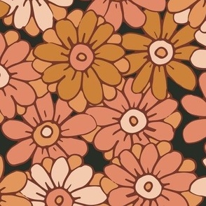 467 - Large scale  mustard and coral pink  on deep slate grey organic hand drawn tossed daisies in the meadow flower garden for children's clothing, dresses, nursery and baby bed linen and wallpaper.  Hand drawn florals pretty whimsical garden in springti