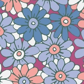 467 - Large scale baby blue, teal, blush pink and off white organic hand drawn tossed daisies in the meadow flower garden for children's clothing, dresses, nursery and baby bed linen and wallpaper.  Hand drawn florals pretty whimsical garden in springtime