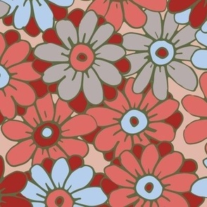 467 - Large scale chilli pepper red, coral, taupe and blue organic hand drawn tossed daisies in the meadow flower garden for children's clothing, dresses, nursery and baby bed linen and wallpaper.  Hand drawn florals pretty whimsical garden in springtime 