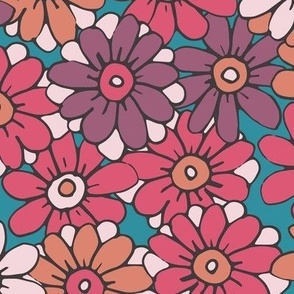 467 - Large scale hot pink, lively teal, mustard and off white organic hand drawn tossed daisies in the meadow flower garden for children's clothing, dresses, nursery and baby bed linen and wallpaper.  Hand drawn florals pretty whimsical garden in springt