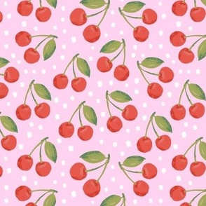 Red Joyful Cherries - multi colour polka dots on pastel pink background 