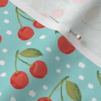 Red Joyful Cherries - multi colour polka dots on teal blue background 