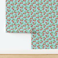 Red Joyful Cherries - multi colour polka dots on teal blue background 