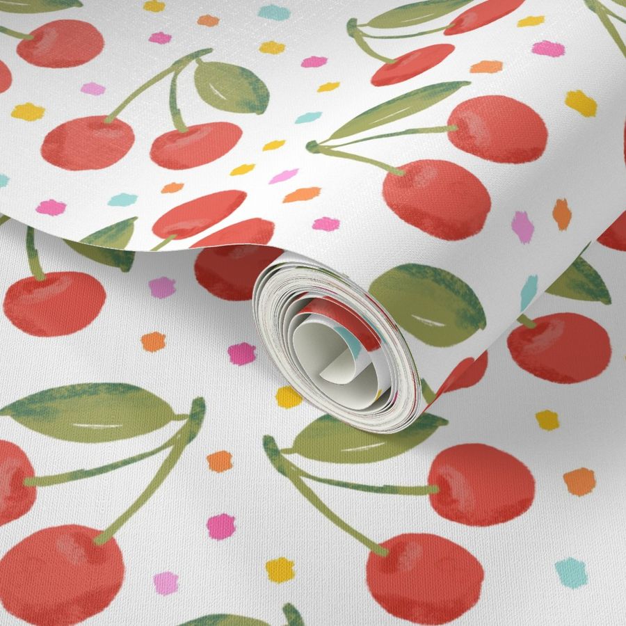 Red Joyful Cherries - multi colour polka dots 