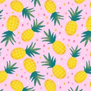 Tropical yellow Pineapples on pastel pink - with multi colour polka dots 