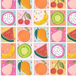 medium//mix summer tropical fruit grid/checks  - banana mango pineapple pear orange cherry watermelon kiwi - with  polka dots 3D