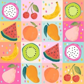 medium//mix summer tropical fruit multi colour solid grid/checks  - banana mango pineapple pear orange cherry watermelon kiwi - with  polka dots 