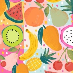 medium//mix summer tropical fruit solid grid/checks  - banana pineapple mango pear orange cherry watermelon kiwi - with  polka dots 