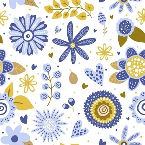 Large Scale Gold and Blue Scandi Floral on White