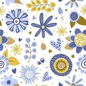 Medium Scale Gold and Blue Scandi Floral on White