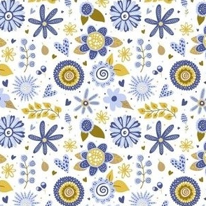 Small Scale Gold and Blue Scandi Floral on White