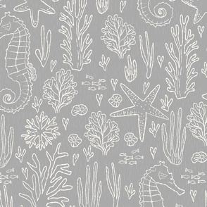 big// Coral Reef Wedding Seahorses Starfishes Soft grey Background