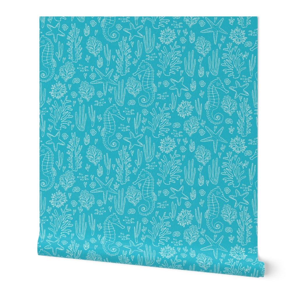 big// Coral Reef Wedding Seahorses Starfishes teal Background