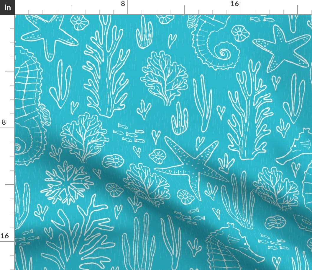 big// Coral Reef Wedding Seahorses Starfishes teal Background