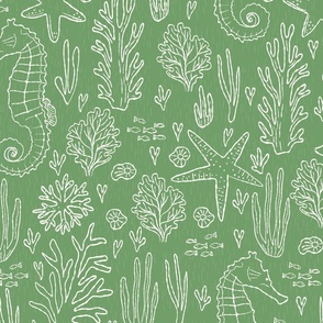 big// Coral Reef Wedding Seahorses Starfishes Green Background