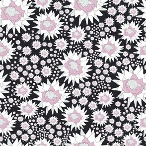 Midnight Bloom, Pink Moon Flowers on Black, Celestial Floral Fabric-8'x8'