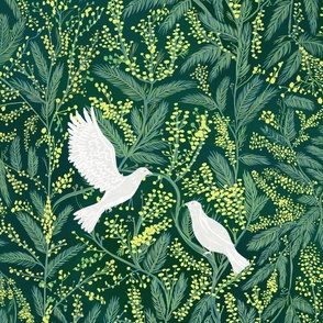Mimosa and Doves (Wallpaper works both as basic or half drop repeat)