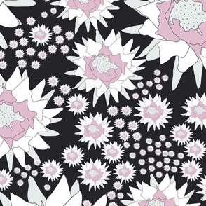 Midnight Bloom, Pink Moon Flowers on Black, Celestial Floral Fabric-Jumbo