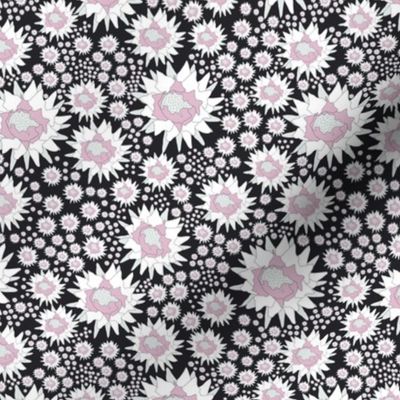 Midnight Bloom, Pink Moon Flowers on Black, Celestial Floral Fabric-6'x6'