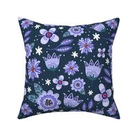 Large Scale Whimsical Folk Floral in Lavender and Periwinkle Purple on Navy