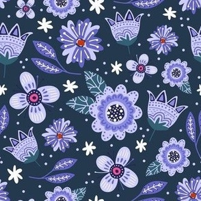 Medium Scale Whimsical Folk Floral in Lavender and Periwinkle Purple on Navy
