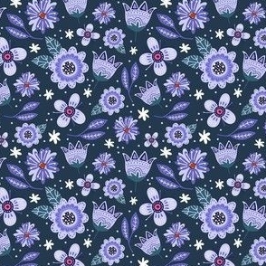 Small Scale Whimsical Folk Floral in Lavender and Periwinkle Purple on Navy