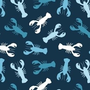(small scale) lobsters - multi blues on dark blue - nautical - LAD23