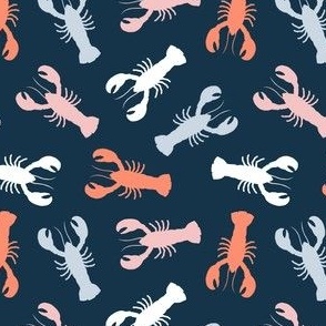 (small scale) lobsters - multi pink/blue/coral on navy - nautical - LAD23