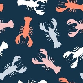 lobsters - multi pink/blue/coral on navy - nautical - LAD23