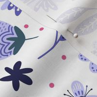 Large Scale Whimsical Folk Floral In Lavender Periwinkle Purple on White