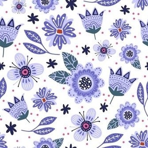 Medium Scale Whimsical Folk Floral In Lavender Periwinkle Purple on White