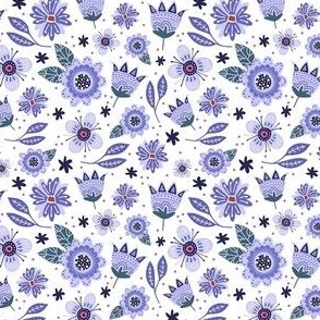 Small Scale Whimsical Folk Floral In Lavender Periwinkle Purple on White