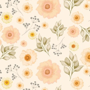 Peachy large florals, grey leaves on creamy peach background