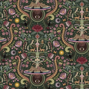 Growing Wonderful World tree of life with Australian animals - kookaburra, platypus, black cockatoos, waratah, rainbow serpent on dark olive green - mid-large