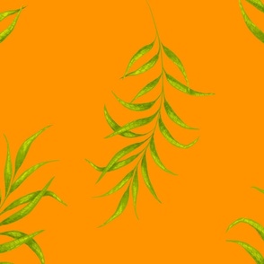 Large scale - Botanical Chartreuse green leaves in tangerine orange