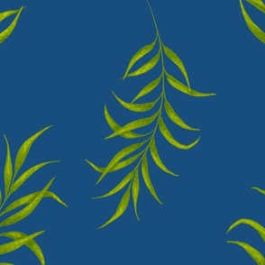 Large scale - Botanical Chartreuse green leaves in blue