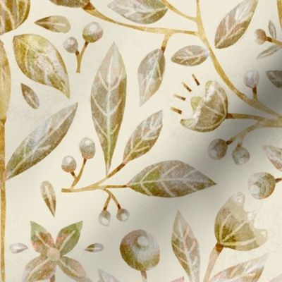 Symmetrical Floral Leaves berries Textured contemporary traditional _ Silver and Gold_Medium