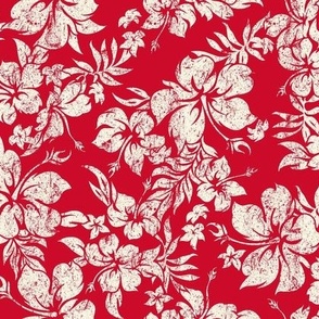 Distressed Hawaiian Hibiscus Floral- Bright Red (Small Size)