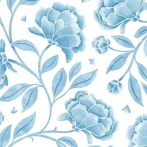 Peony Romance (xlarge) - Sky Blue and White - cottagecore trailing floral with soft petals