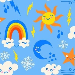 Whimsical Weather - Cute Suns + Moons + Clouds + Rainbows - Bright Blue